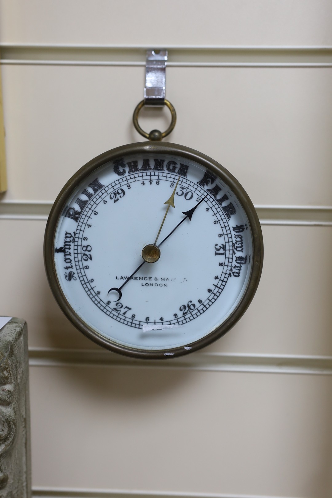 A marine stick barometer and an aneroid barometer, stick barometer 90 cms high.